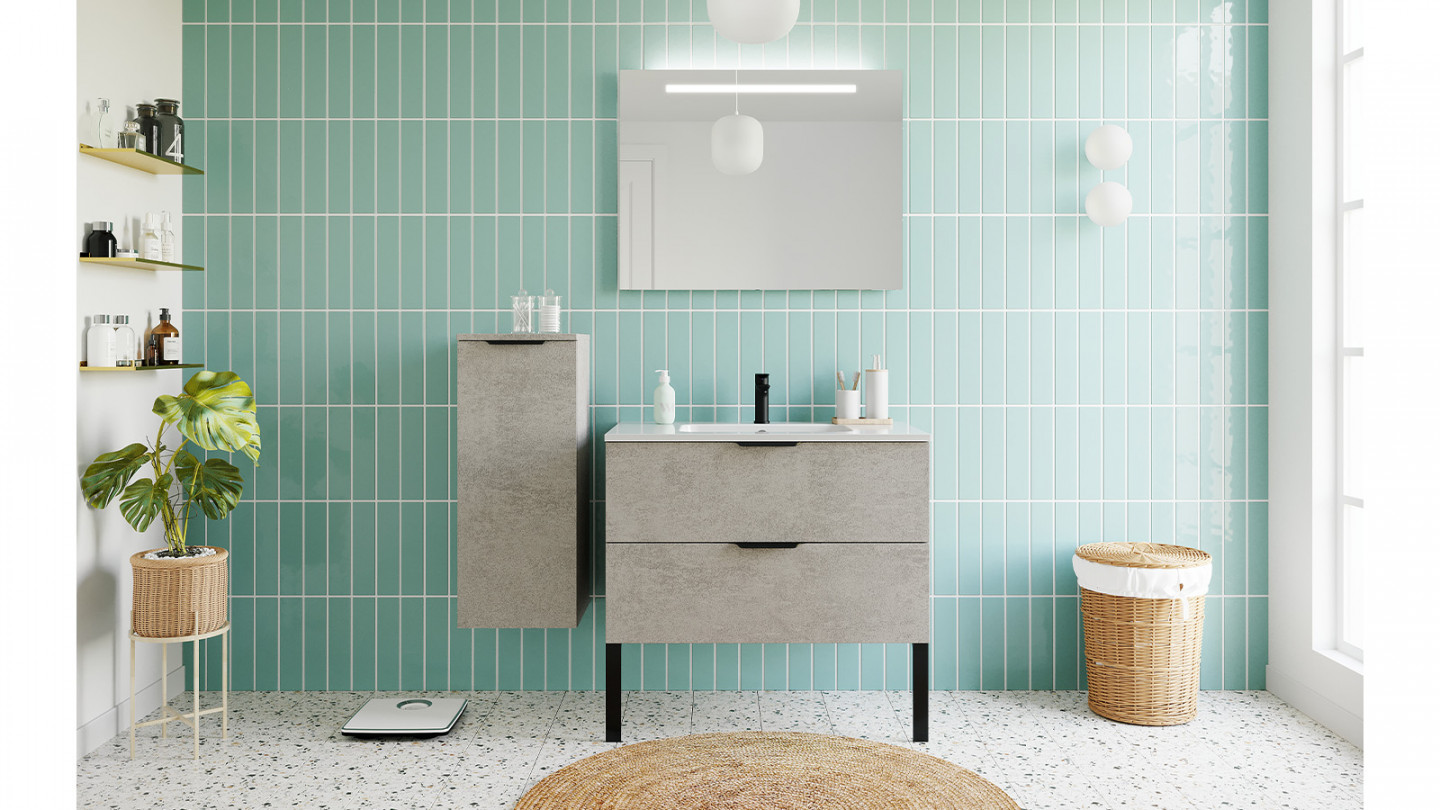 Meuble de salle de bains 90 cm Béton taloché - 2 tiroirs - simple vasque + miroir - Loft