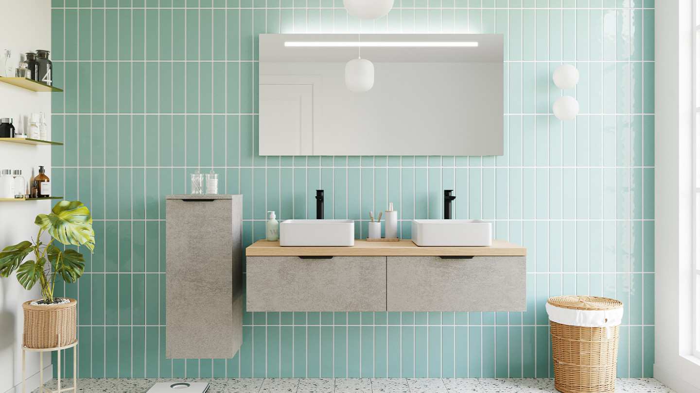 Meuble de salle de bains 140 cm Béton taloché - 2 tiroirs - 2 vasques carrées + miroir - Loft