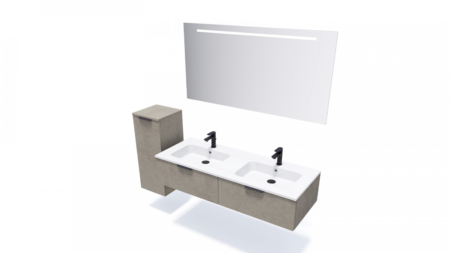 Meuble de salle de bains 140 cm Béton taloché - 2 tiroirs - double vasque + miroir - Loft