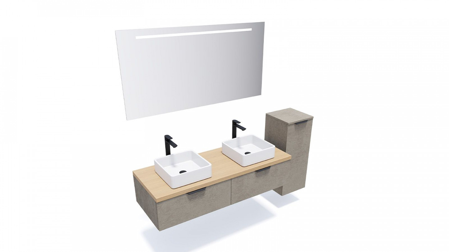 Meuble de salle de bains 140 cm Béton taloché - 2 tiroirs - 2 vasques carrées + miroir + demi-colonne ouverture à droite - Loft