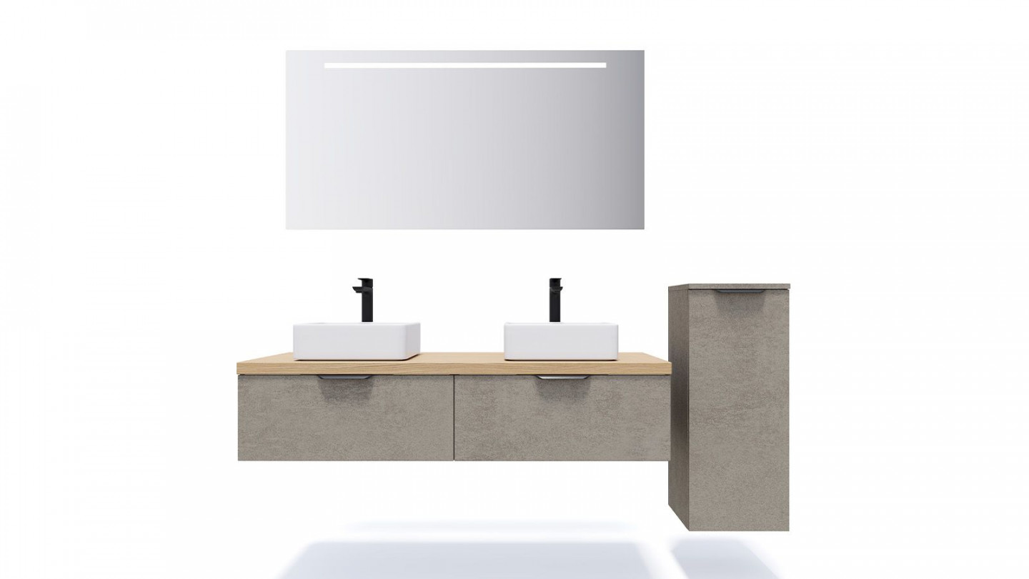 Meuble de salle de bains 140 cm Béton taloché - 2 tiroirs - 2 vasques carrées + miroir + demi-colonne ouverture à droite - Loft