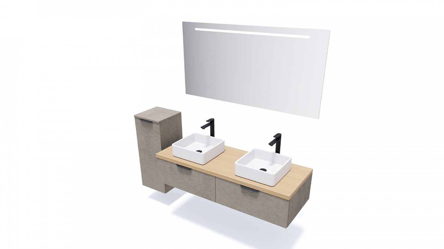 Meuble de salle de bains 140 cm Béton taloché - 2 tiroirs - 2 vasques carrées + miroir + demi-colonne ouverture à gauche - Loft