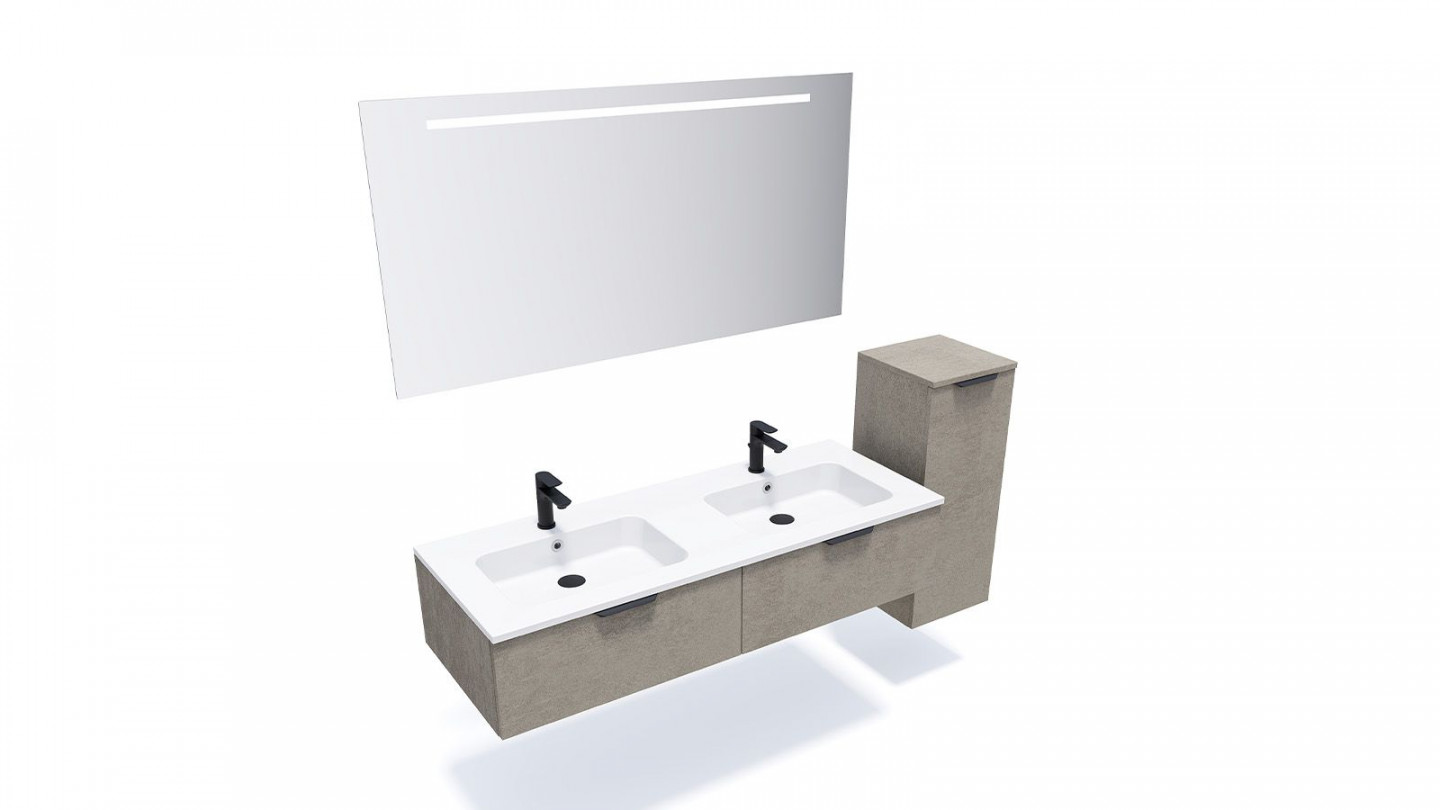Meuble de salle de bains 140 cm Béton taloché - 2 tiroirs - double vasque + miroir + demi-colonne ouverture à droite - Loft