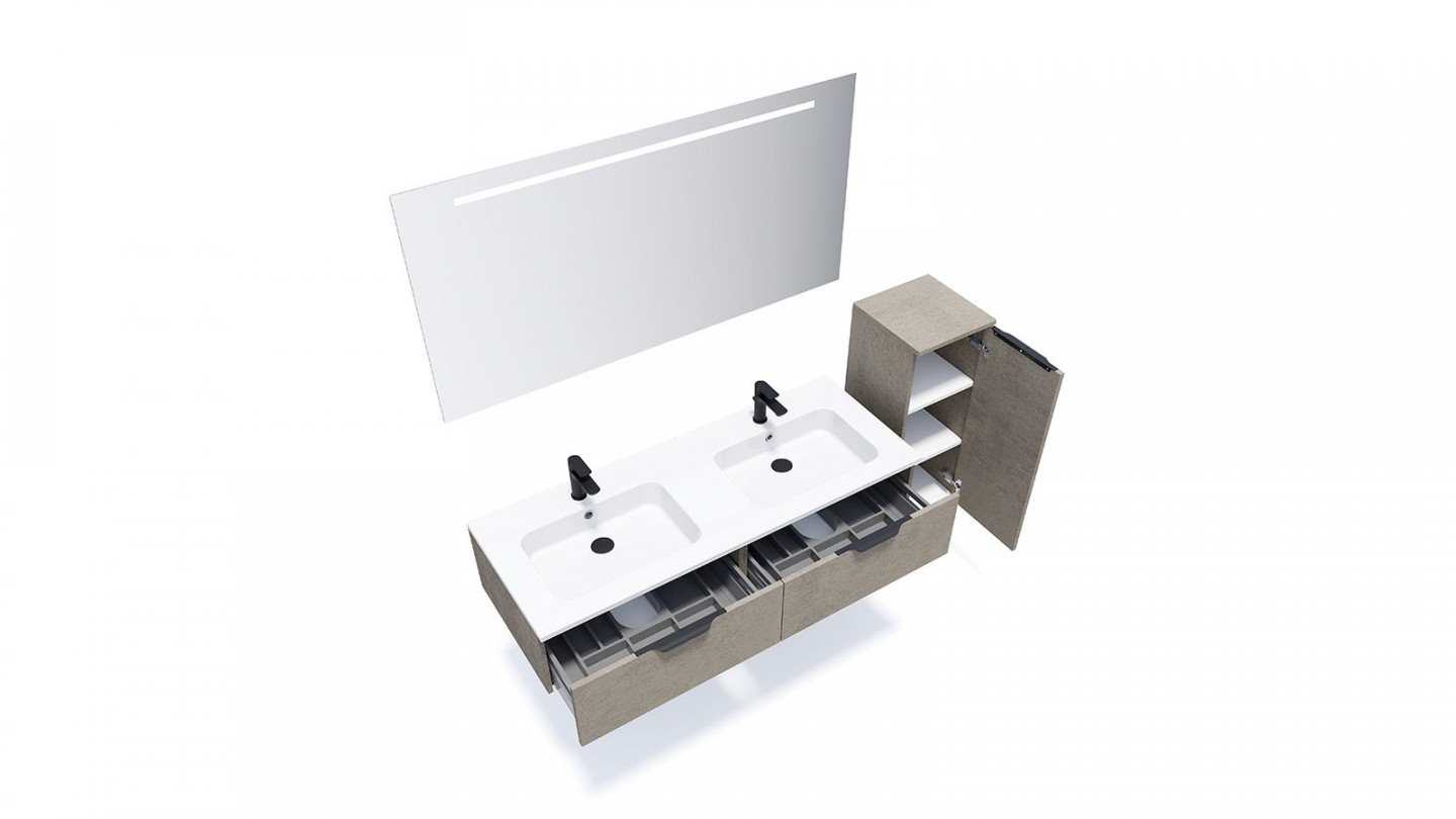 Meuble de salle de bains 140 cm Béton taloché - 2 tiroirs - double vasque + miroir + demi-colonne ouverture à droite - Loft