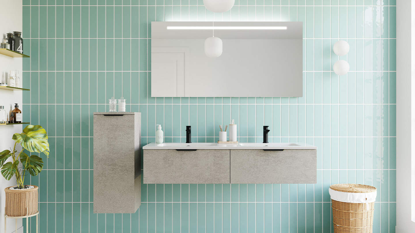 Meuble de salle de bains 140 cm Béton taloché - 2 tiroirs - double vasque + miroir + demi-colonne ouverture à gauche - Loft