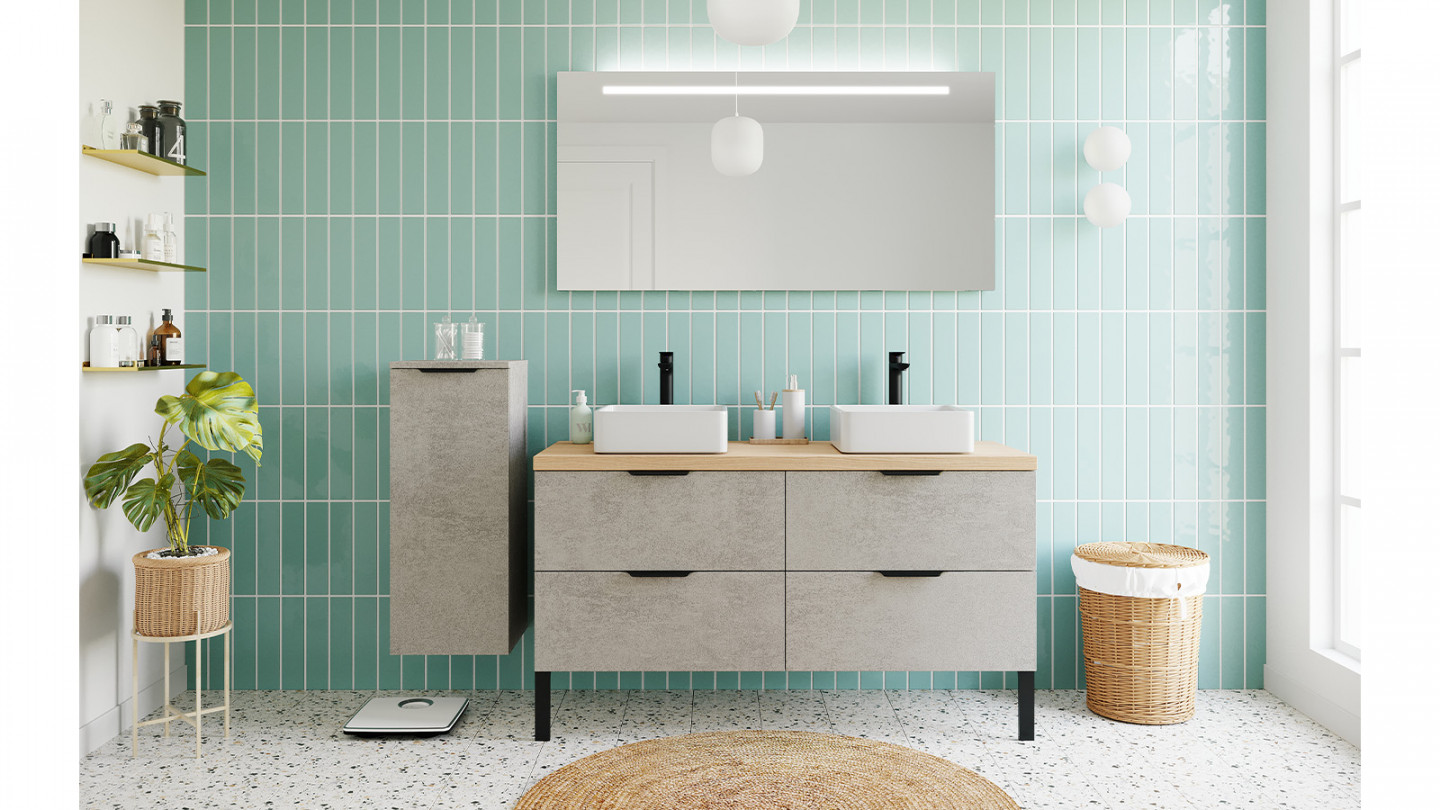 Meuble de salle de bains 140 cm Béton taloché - 4 tiroirs - 2 vasques carrées + miroir - Loft
