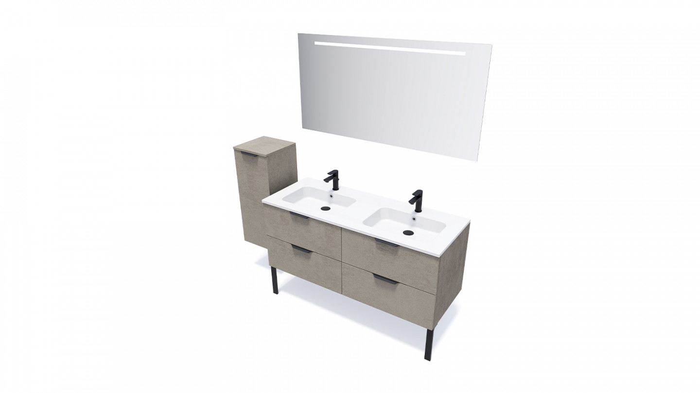 Meuble de salle de bains 140 cm Béton taloché - 4 tiroirs - double vasque + miroir - Loft