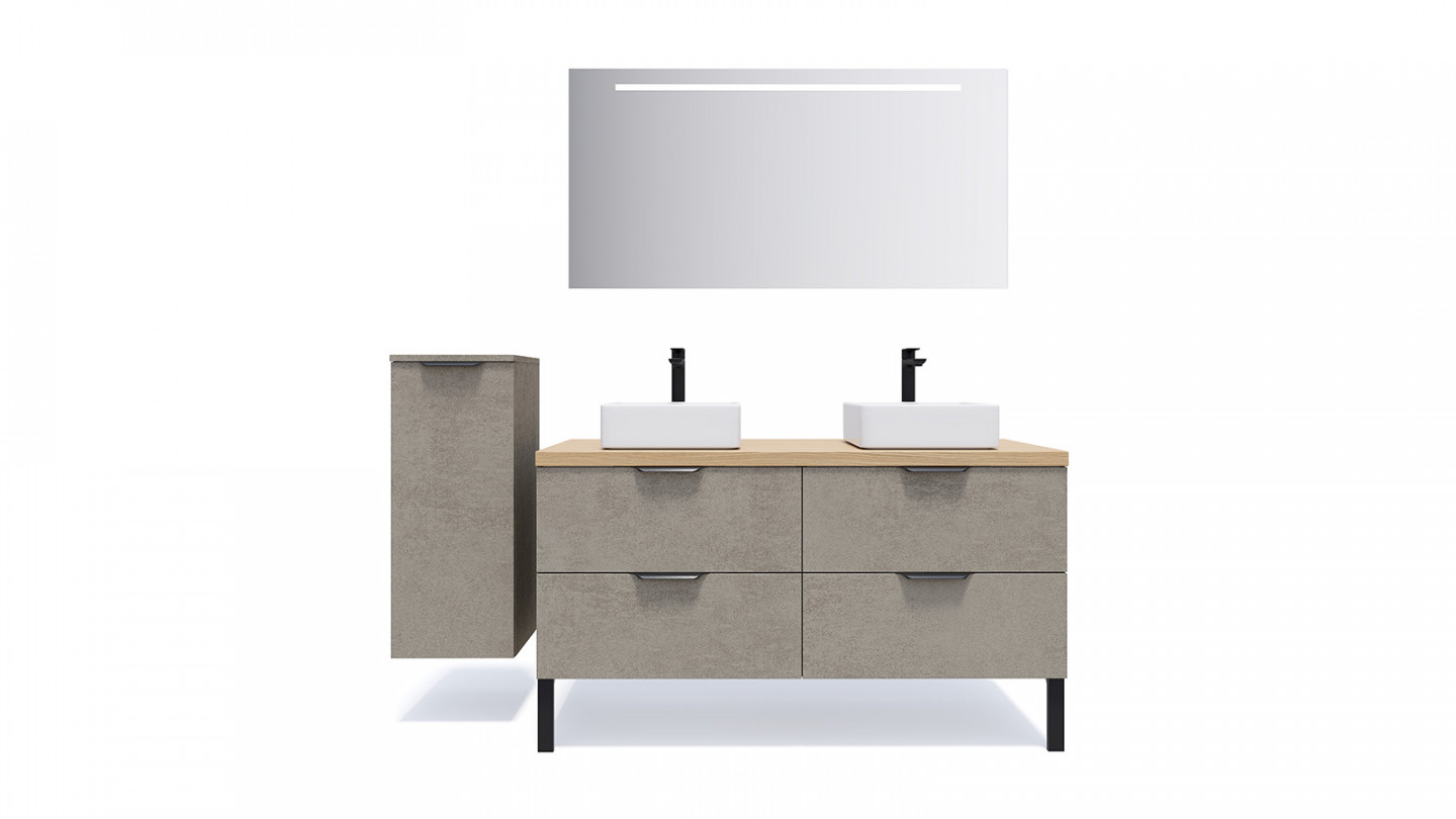 Meuble de salle de bains 140 cm Béton taloché - 4 tiroirs - 2 vasques carrées + miroir + demi-colonne ouverture à gauche - Loft