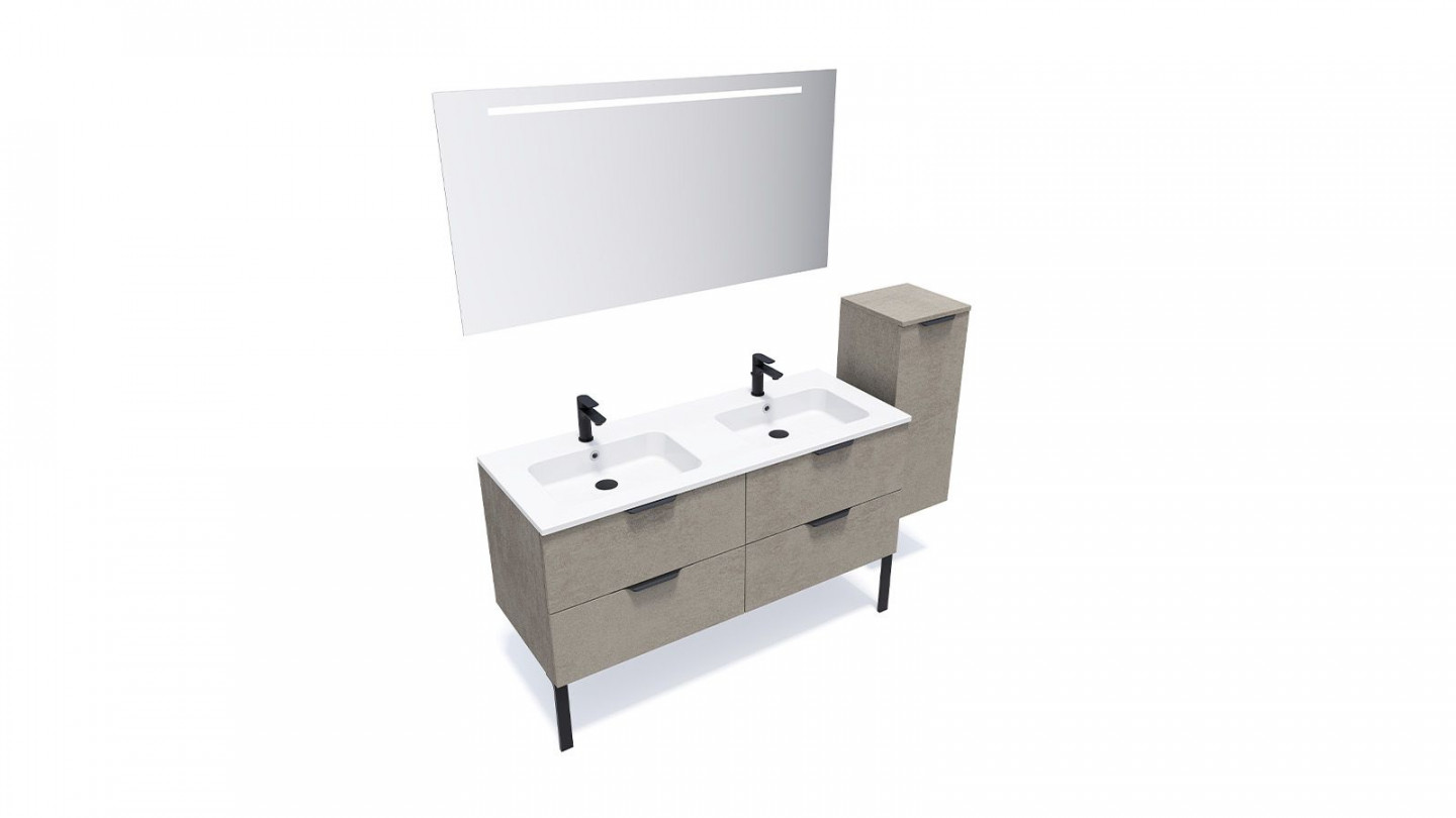 Meuble de salle de bains 140 cm Béton taloché - 4 tiroirs - double vasque + miroir + demi-colonne ouverture à droite - Loft