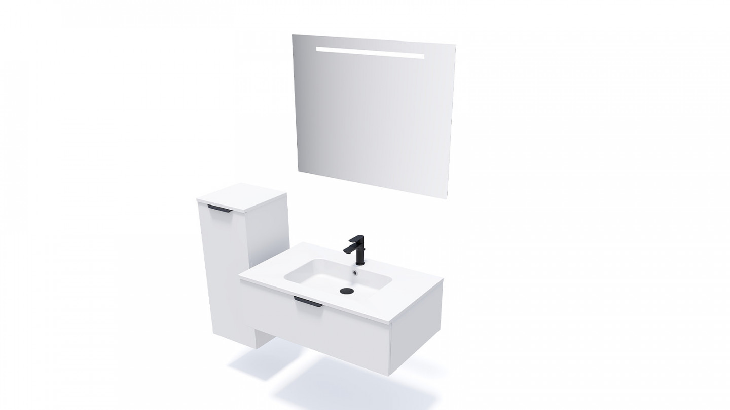 Meuble de salle de bains 90 cm Opale blanc - 1 tiroir - simple vasque + miroir - Loft