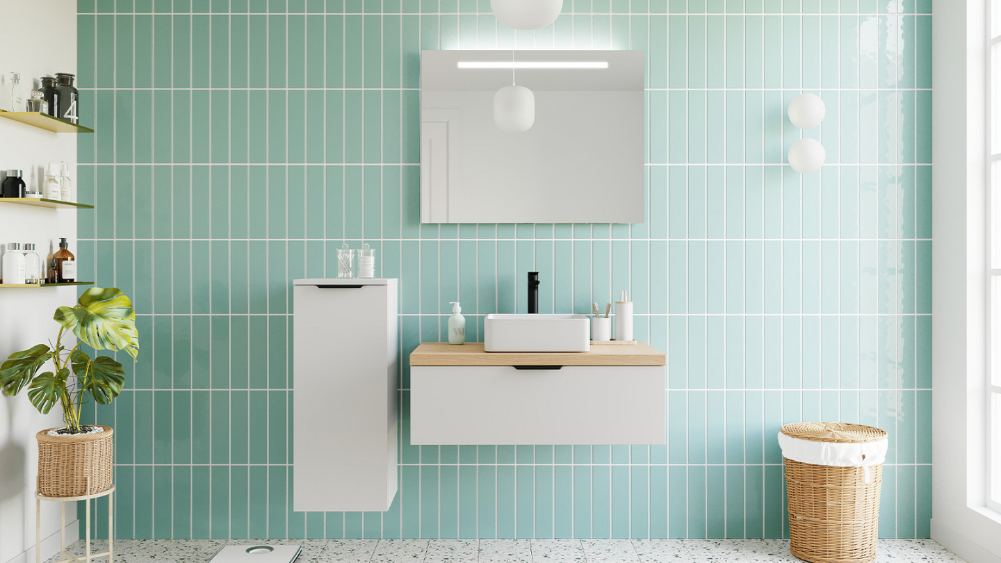 Meuble de salle de bains 90 cm Opale blanc - 1 tiroir - vasque carrée + miroir + demi-colonne ouverture à gauche - Loft