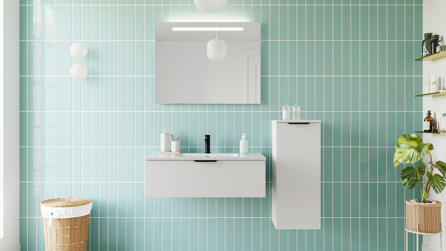 Meuble de salle de bains 90 cm Opale blanc - 1 tiroir - simple vasque + miroir + demi-colonne ouverture à droite - Loft
