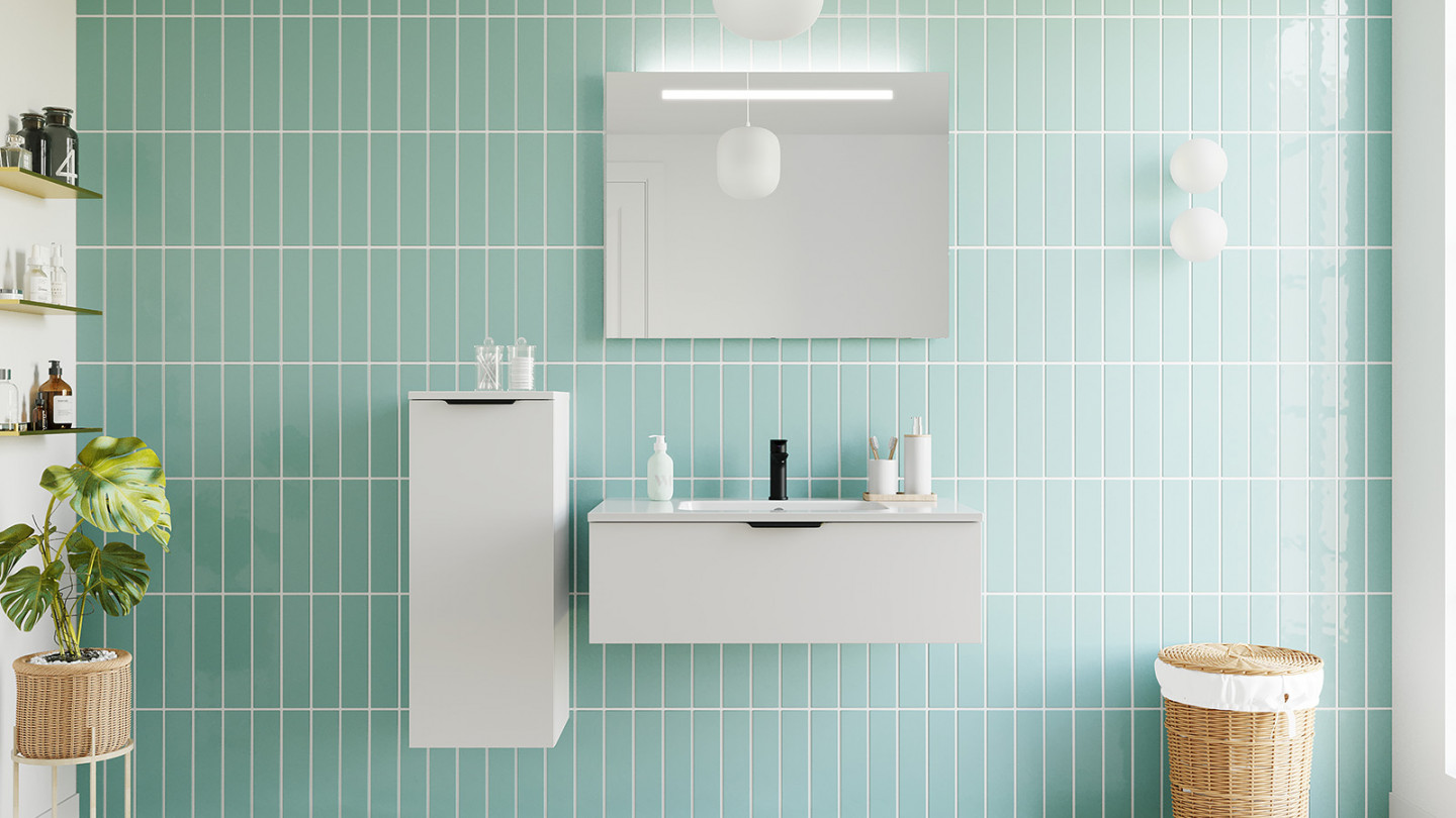 Meuble de salle de bains 90 cm Opale blanc - 1 tiroir - simple vasque + miroir + demi-colonne ouverture à gauche - Loft
