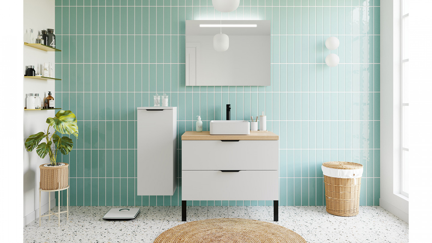 Meuble de salle de bains 90 cm Opale blanc - 2 tiroirs - vasque carrée - Loft