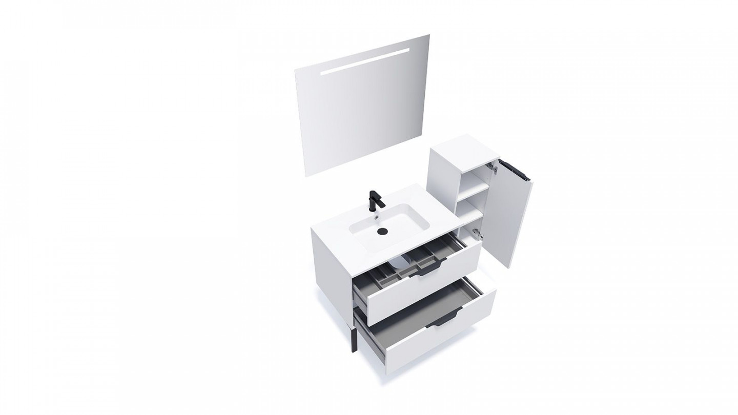 Meuble de salle de bains 90 cm Opale blanc - 2 tiroirs - simple vasque + miroir + demi-colonne ouverture à droite - Loft