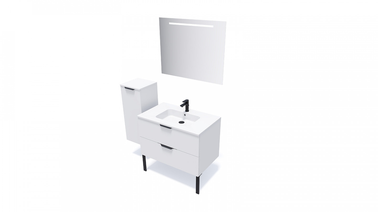 Meuble de salle de bains 90 cm Opale blanc - 2 tiroirs - simple vasque + miroir + demi-colonne ouverture à gauche - Loft