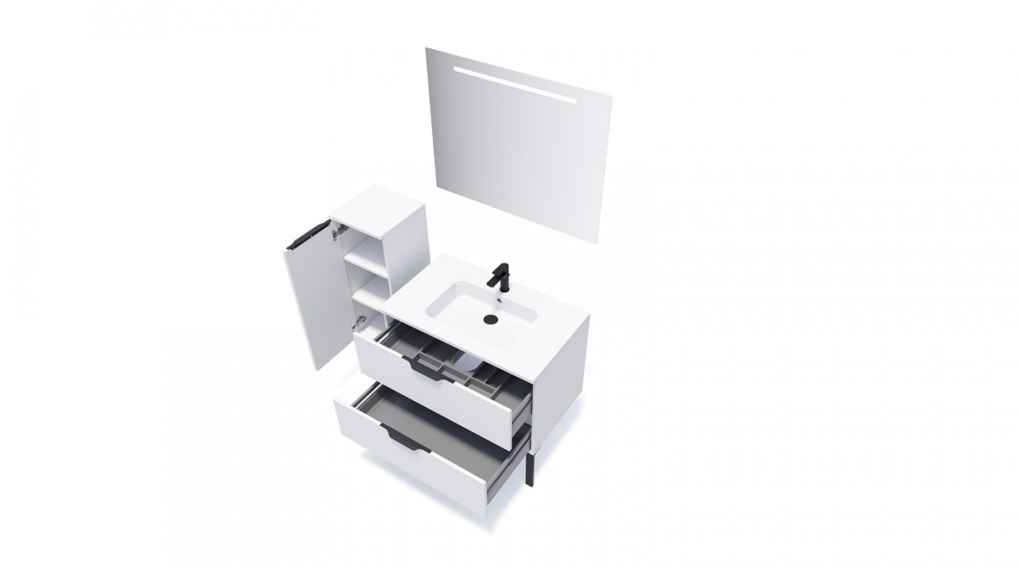 Meuble de salle de bains 90 cm Opale blanc - 2 tiroirs - simple vasque + miroir + demi-colonne ouverture à gauche - Loft
