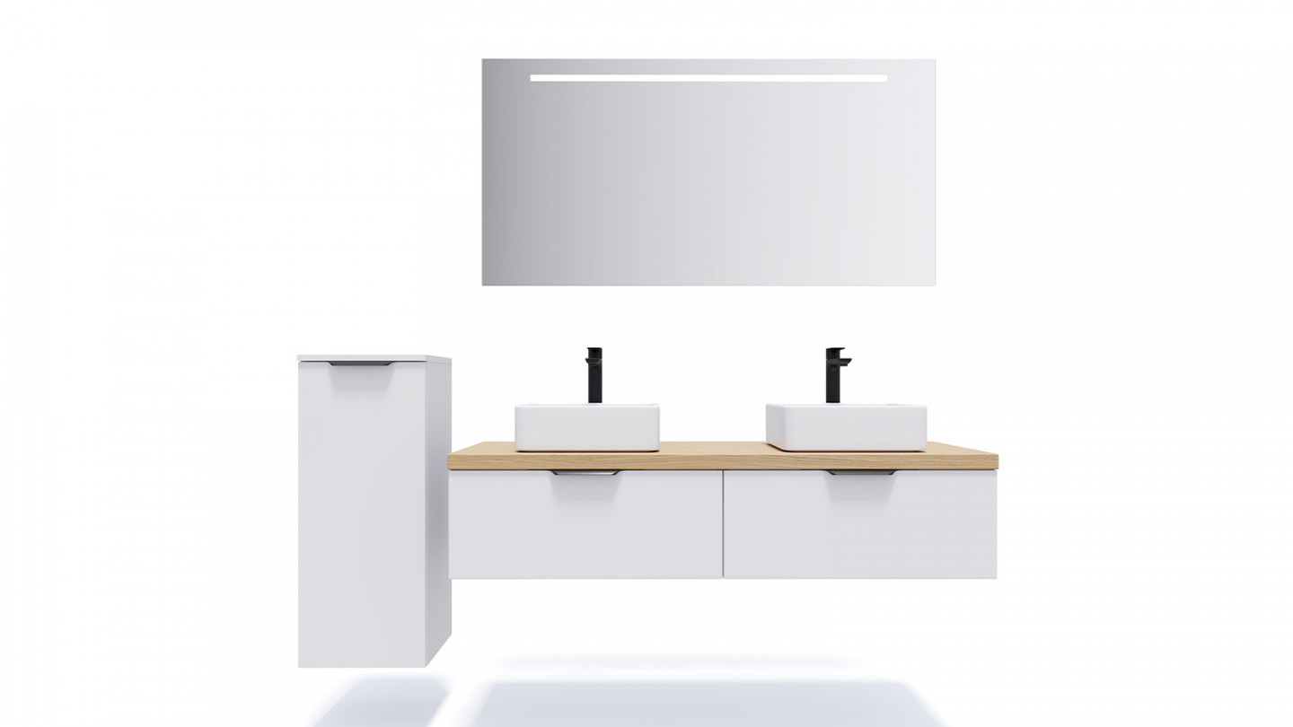 Meuble de salle de bains 140 cm Opale blanc - 2 tiroirs - 2 vasques carrées + miroir - Loft