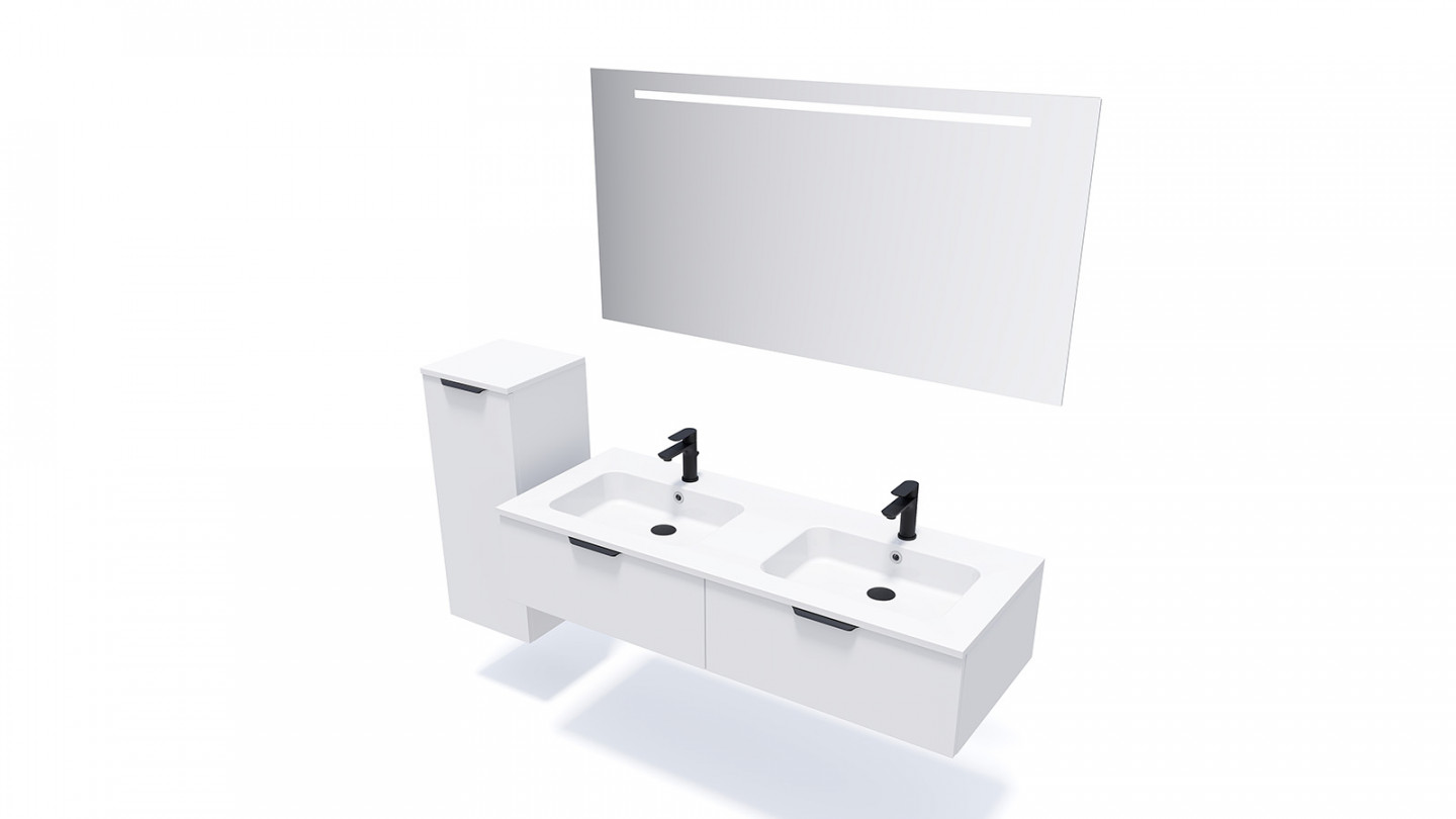 Meuble de salle de bains 140 cm Opale blanc - 2 tiroirs - double vasque + miroir - Loft