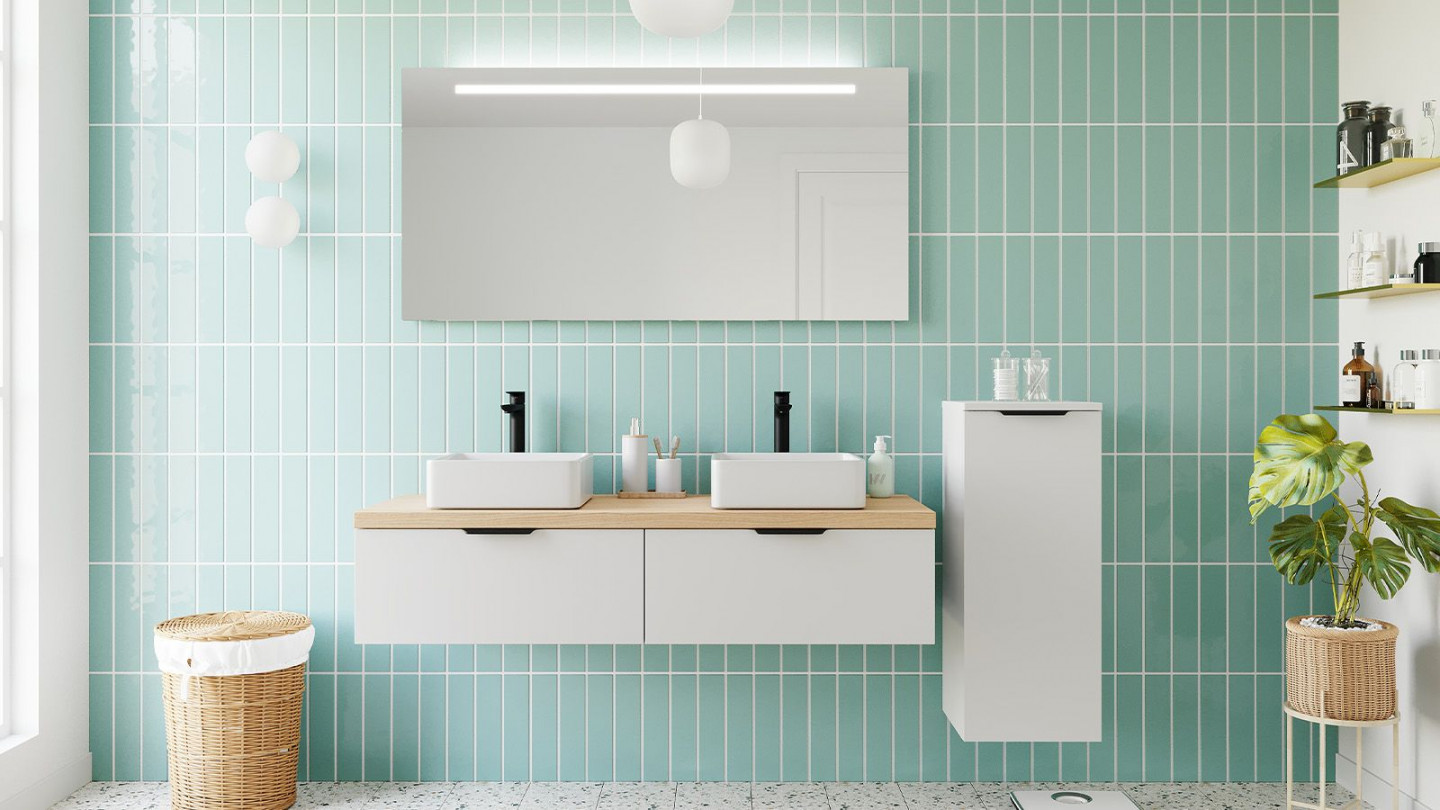 Meuble de salle de bains 140 cm Opale blanc - 2 tiroirs - 2 vasques carrées + miroir + demi-colonne ouverture à droite - Loft