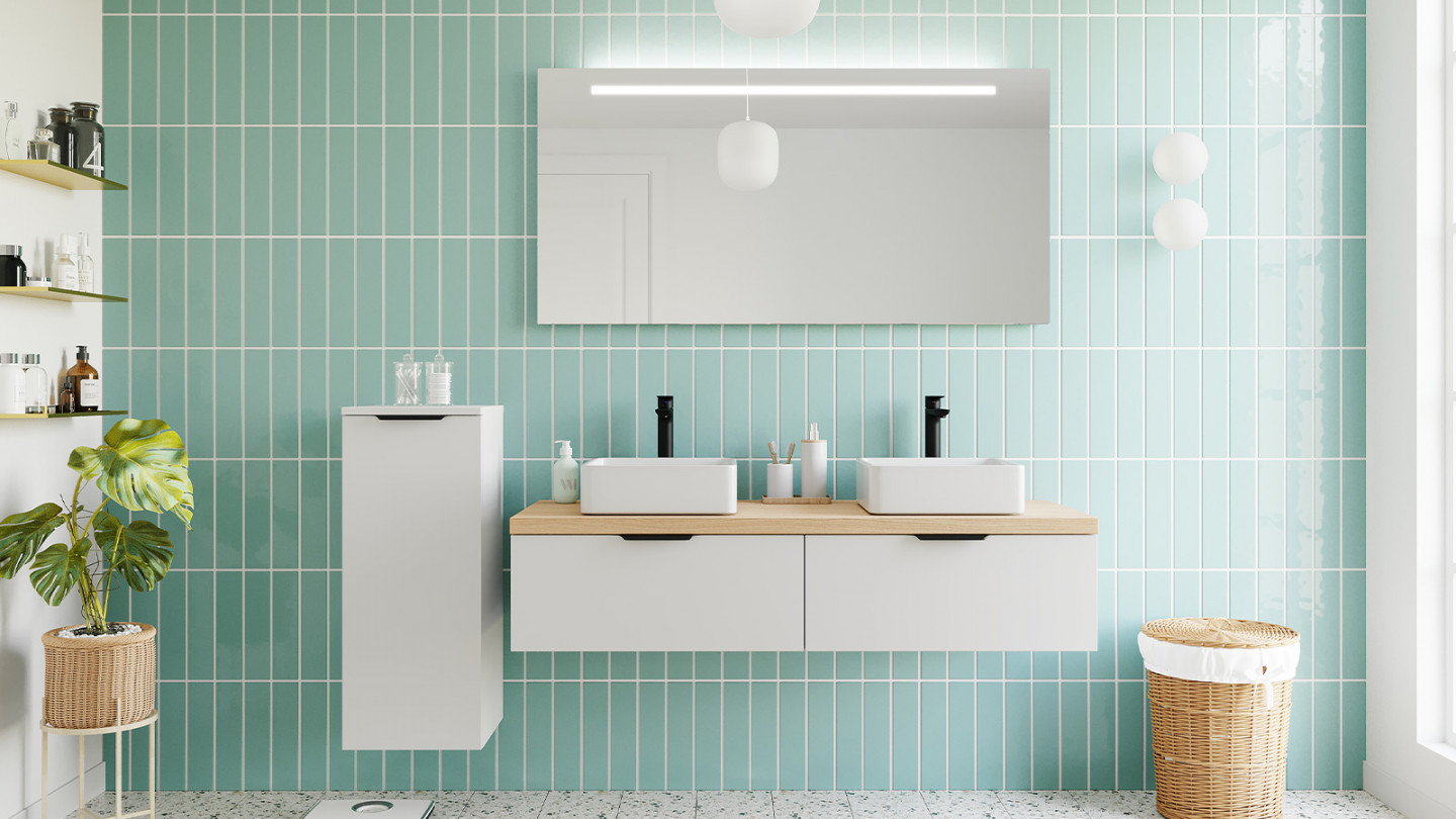 Meuble de salle de bain suspendu vasque à poser 90cm 2 tiroirs Noir +  miroir + colonne ouverture gauche - Hudson - Homifab