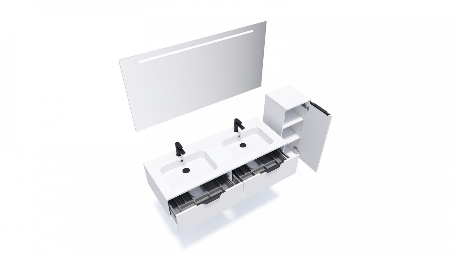 Meuble de salle de bains 140 cm Opale blanc - 2 tiroirs - double vasque + miroir + demi-colonne ouverture à droite - Loft