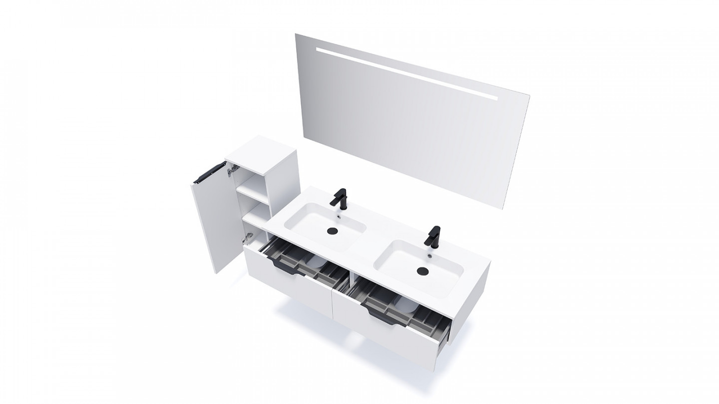 Meuble de salle de bains 140 cm Opale blanc - 2 tiroirs - double vasque + miroir + demi-colonne ouverture à gauche - Loft
