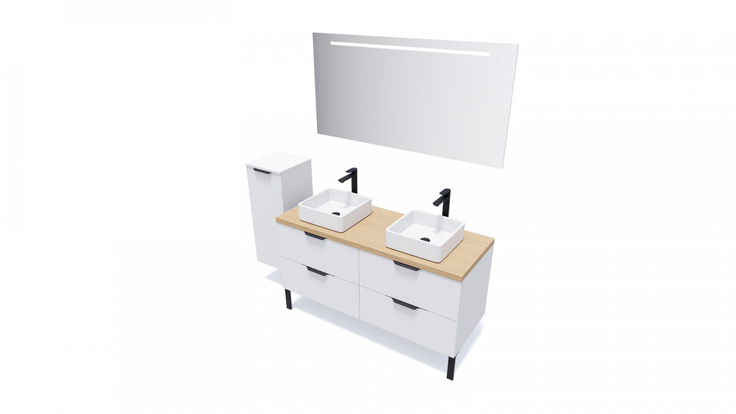 Meuble de salle de bain suspendu 2 vasques à poser 140cm 4 tiroirs Blanc - Loft