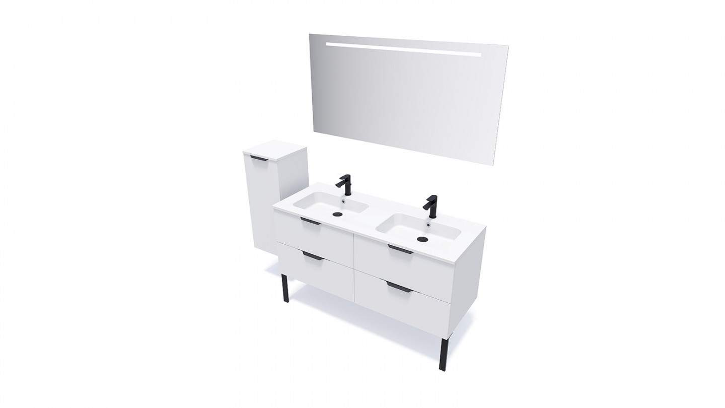 Meuble de salle de bain suspendu double vasque intégrée 140cm 4 tiroirs Blanc - Loft