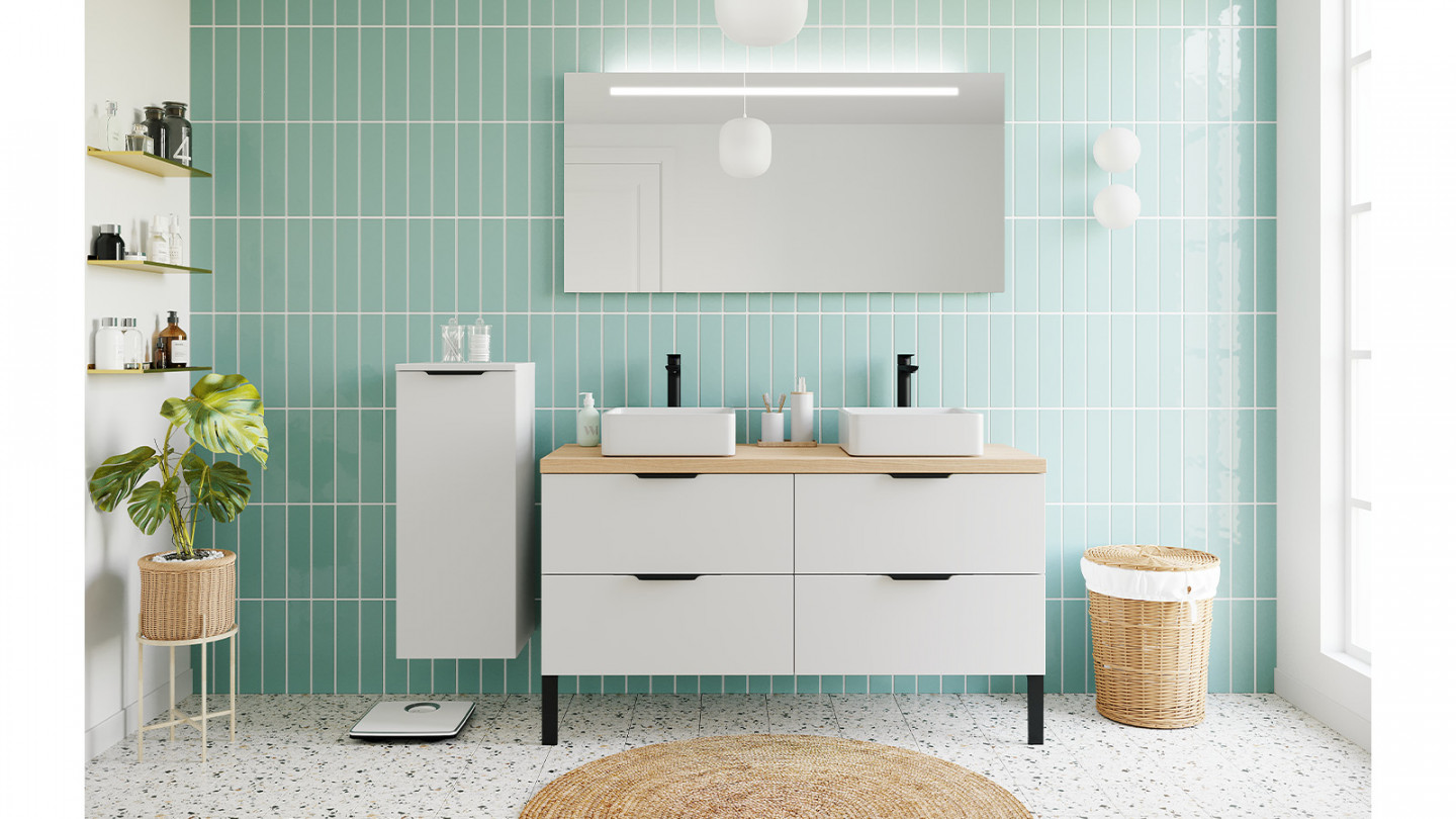Meuble de salle de bain suspendu 2 vasques à poser 140cm 4 tiroirs Blanc + miroir - Loft