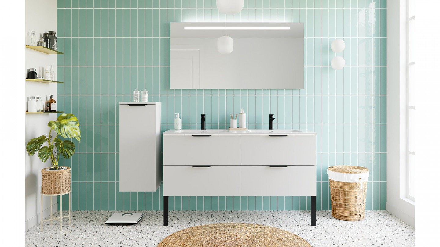 Meuble de salle de bain suspendu double vasque intégrée 140cm 4 tiroirs Blanc + miroir - Loft