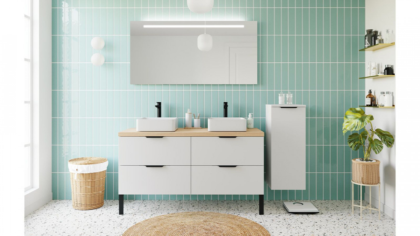 Meuble de salle de bain suspendu 2 vasques à poser 140cm 4 tiroirs Blanc + miroir + colonne ouverture droite - Loft