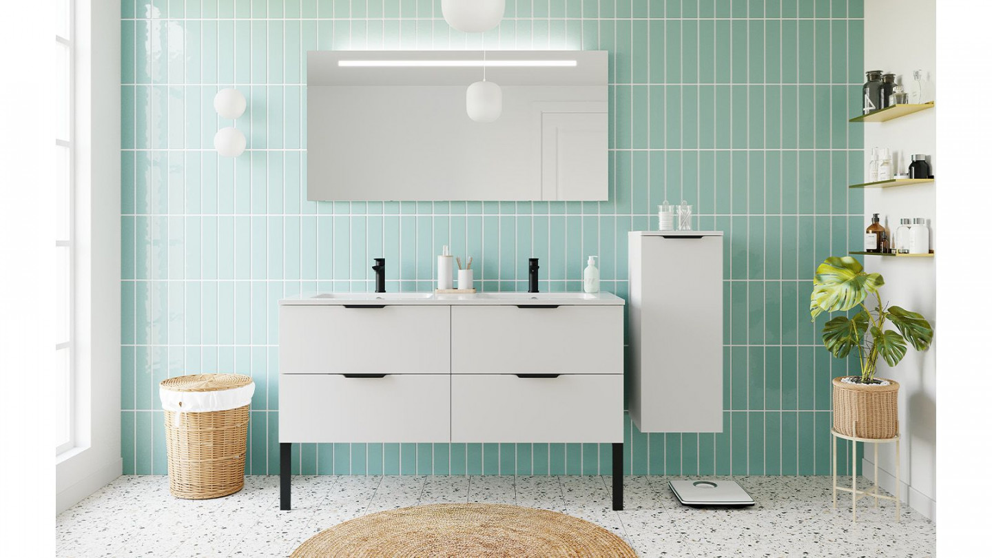 Meuble de salle de bain suspendu double vasque intégrée 140cm 4 tiroirs