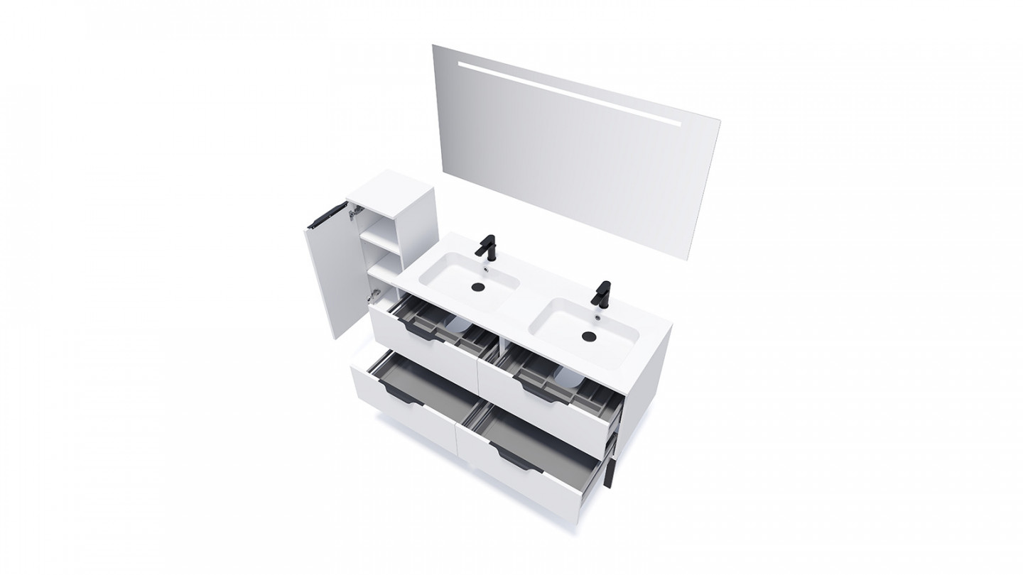 Meuble de salle de bain suspendu double vasque intégrée 140cm 4 tiroirs Blanc + miroir + colonne ouverture gauche - Loft