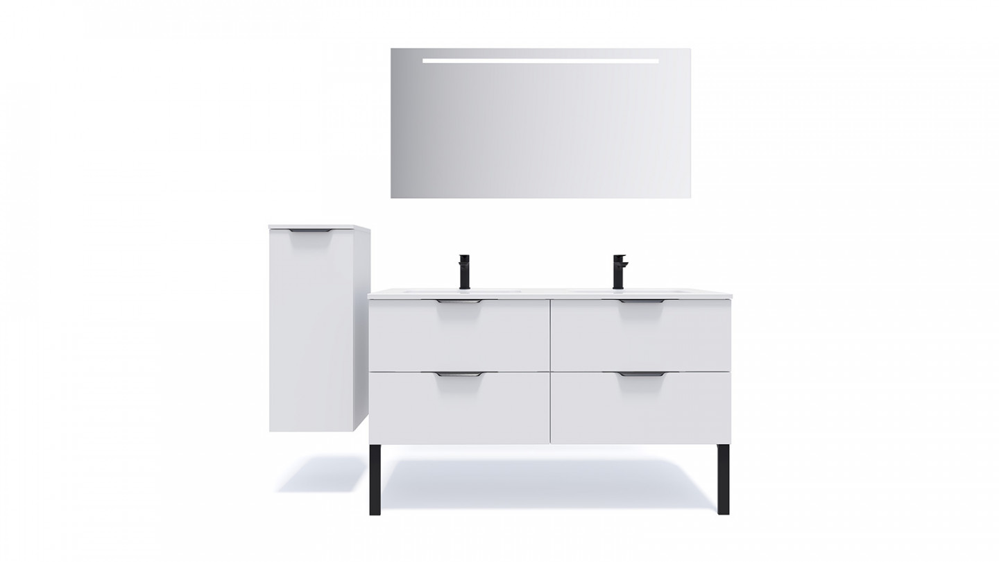 Meuble de salle de bain suspendu double vasque intégrée 140cm 4 tiroirs Blanc + miroir + colonne ouverture gauche - Loft