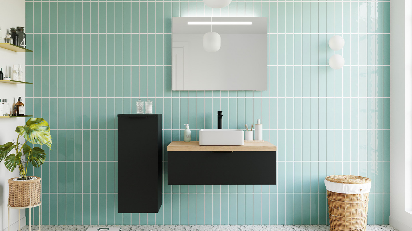 Meuble de salle de bain suspendu vasque à poser 90cm 1 tiroir Noir + miroir - Loft