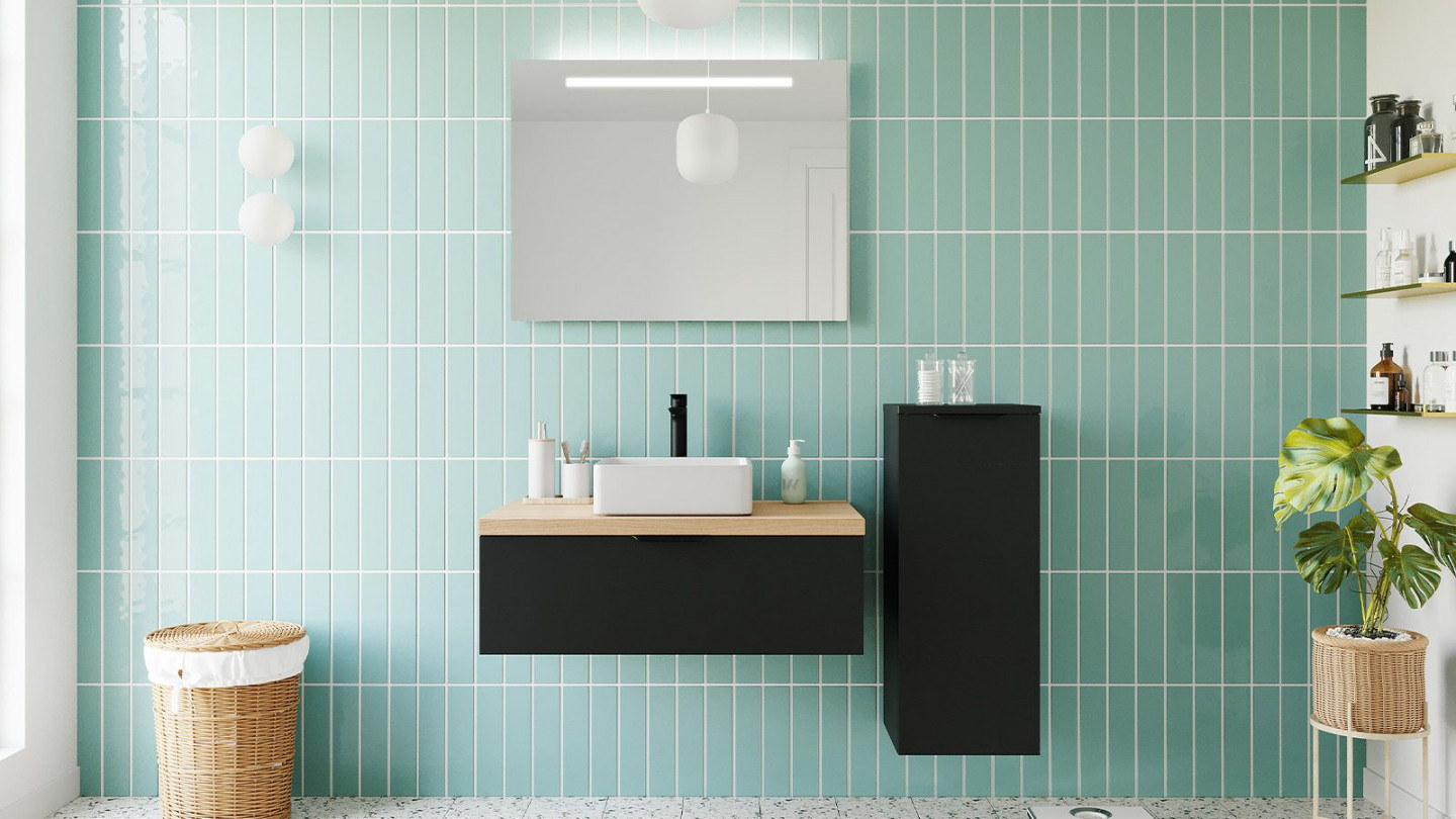 Meuble de salle de bain suspendu vasque à poser 90cm 1 tiroir Noir + miroir + colonne ouverture droite - Loft
