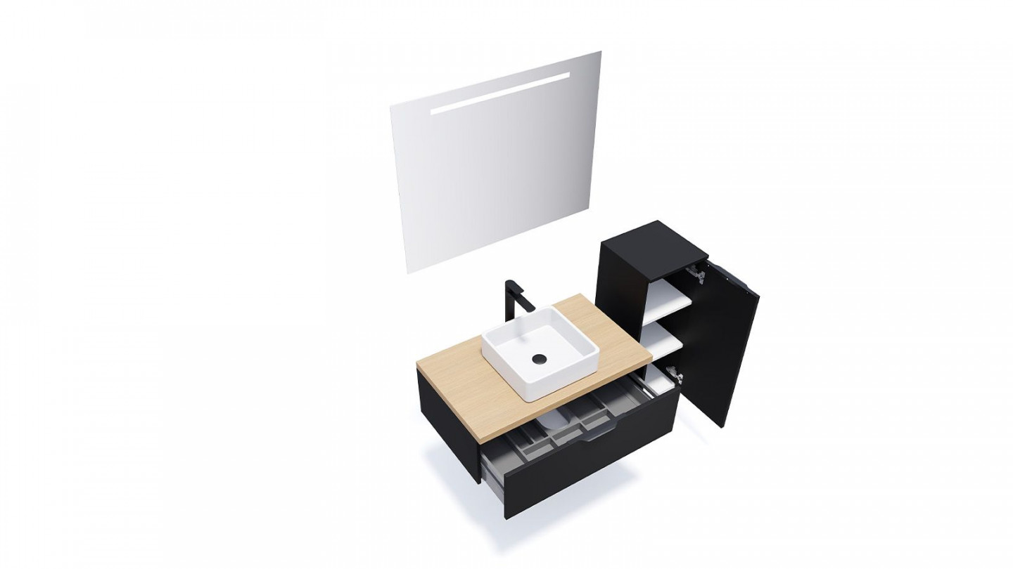Meuble de salle de bain suspendu vasque à poser 90cm 1 tiroir Noir + miroir + colonne ouverture droite - Loft
