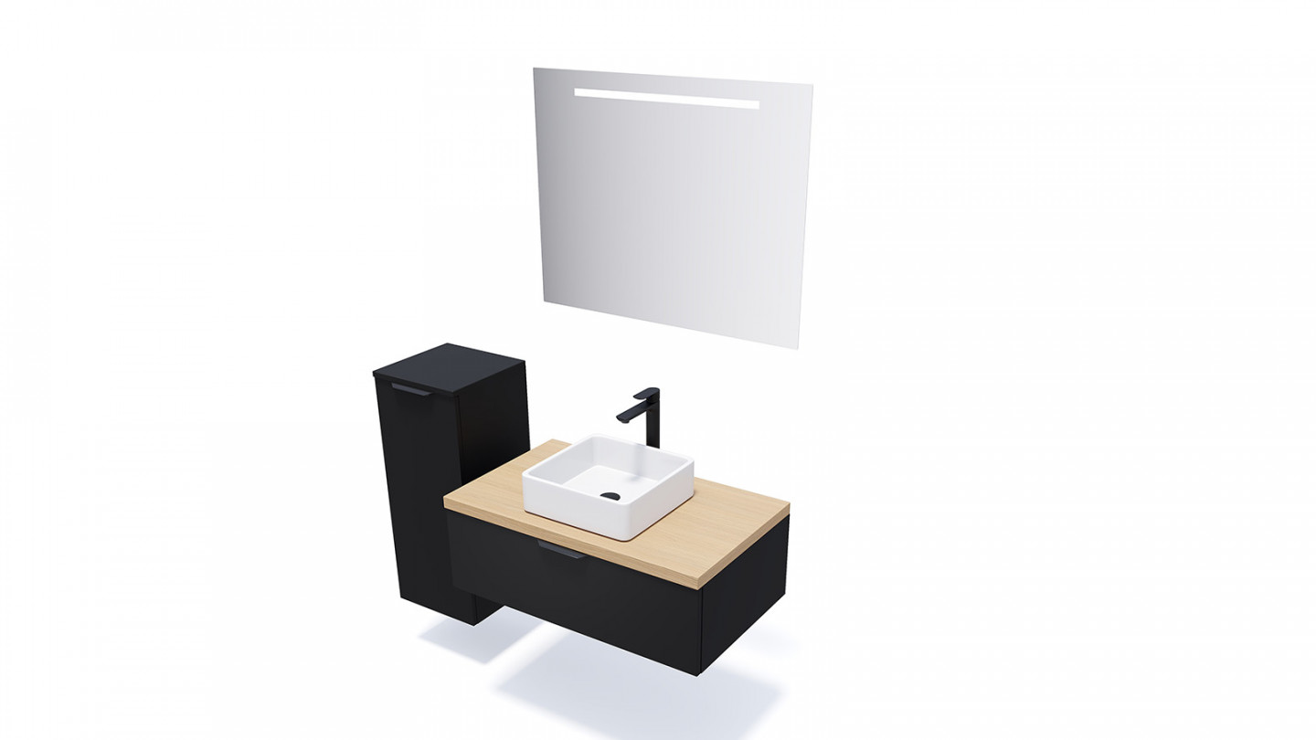 Meuble de salle de bain suspendu vasque à poser 90cm 1 tiroir Noir + miroir + colonne ouverture gauche - Loft