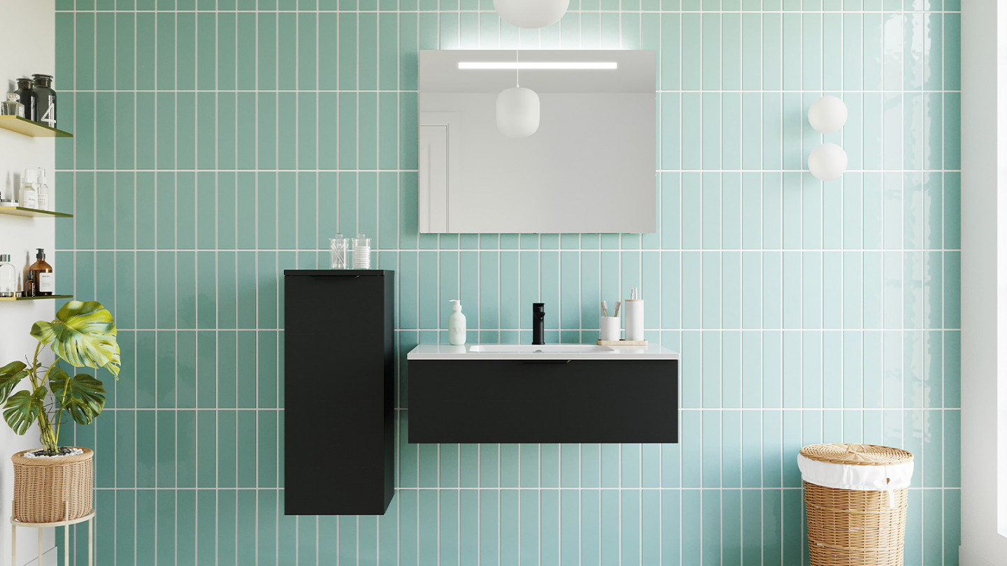 Meuble de salle de bain suspendu vasque intégrée 90cm 1 tiroir Noir + miroir + colonne ouverture gauche - Loft