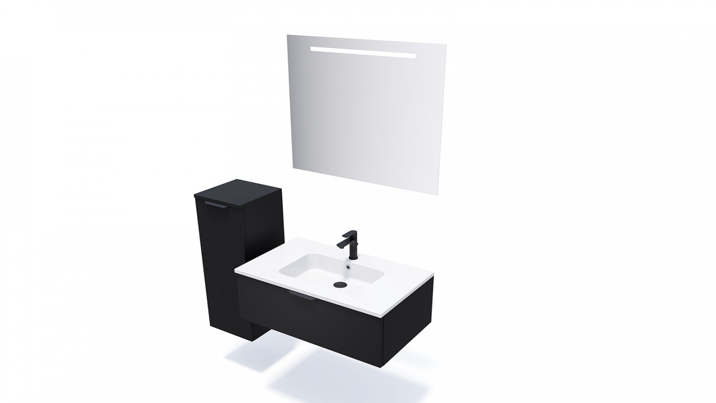 Meuble de salle de bain suspendu vasque intégrée 90cm 1 tiroir Noir + miroir + colonne ouverture gauche - Loft