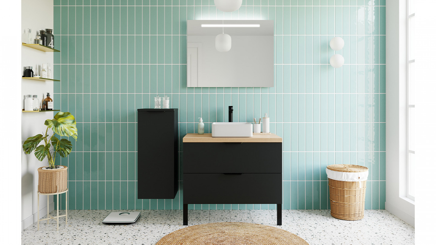 Meuble de salle de bain suspendu vasque à poser 90cm 2 tiroirs Noir - Loft