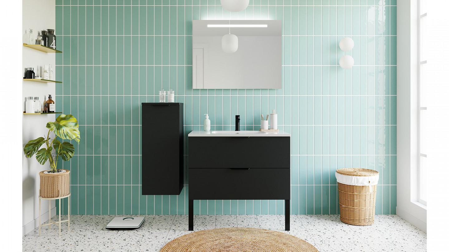 Meuble de salle de bain suspendu vasque intégrée 90cm 2 tiroirs Noir + miroir - Loft