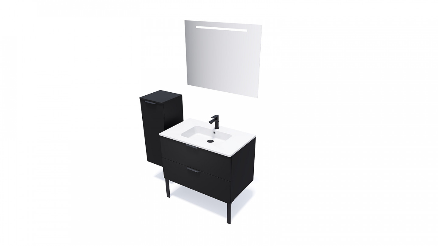 Meuble de salle de bain suspendu vasque intégrée 90cm 2 tiroirs Noir + miroir - Loft