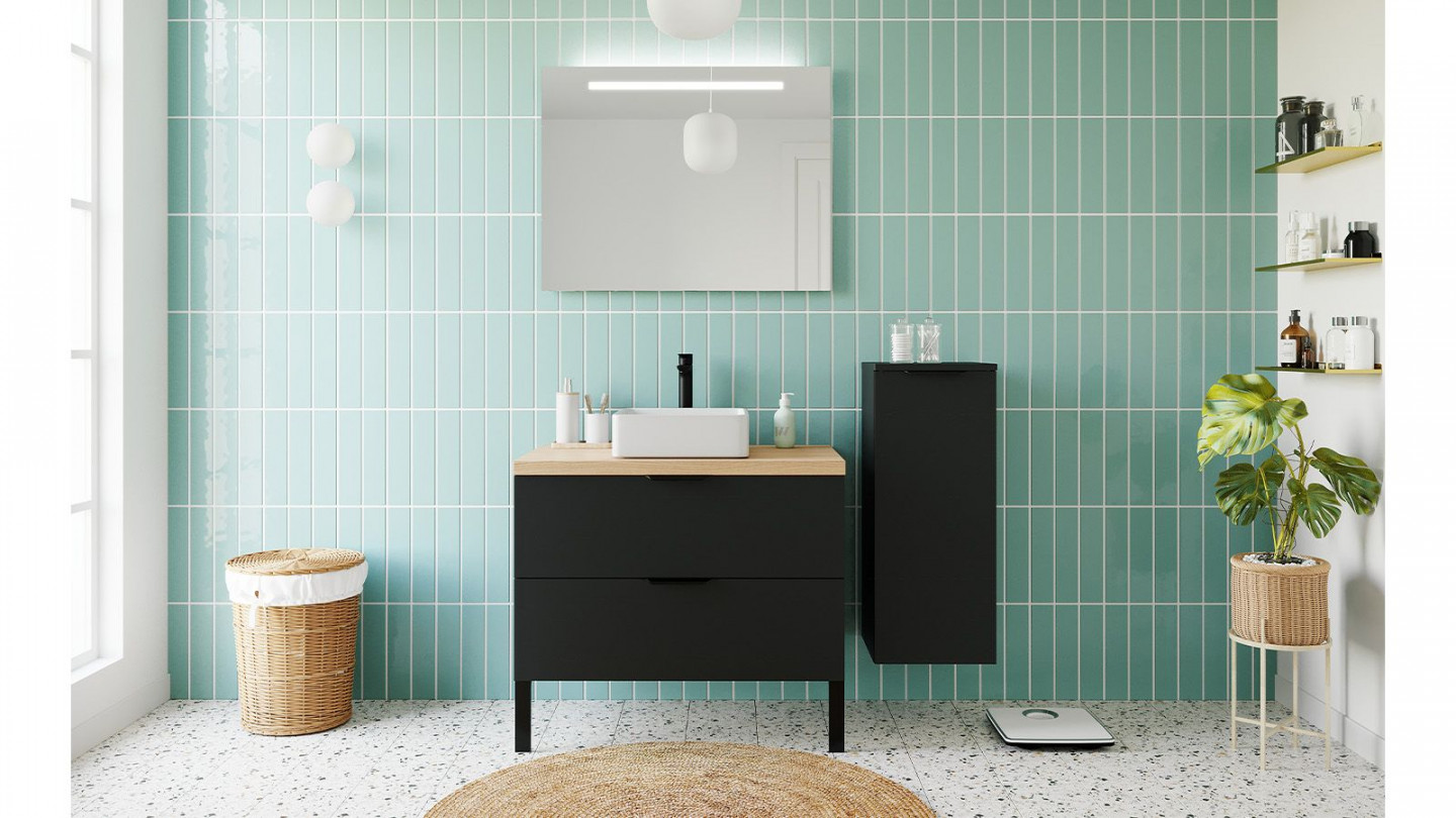 Meuble de salle de bain suspendu vasque à poser 90cm 2 tiroirs Noir + miroir + colonne ouverture droite - Loft