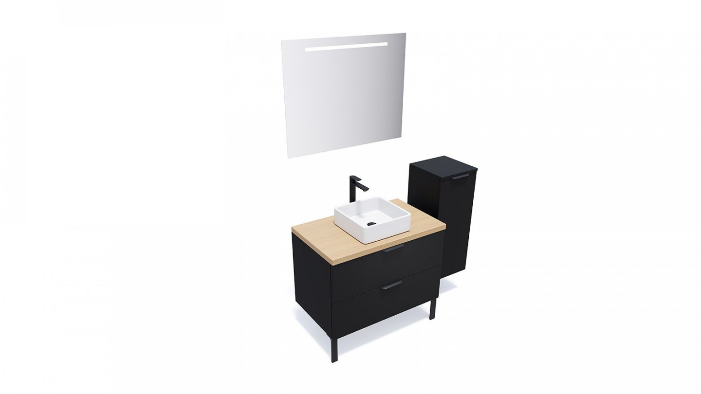 Meuble de salle de bain suspendu vasque à poser 90cm 2 tiroirs Noir + miroir + colonne ouverture droite - Loft