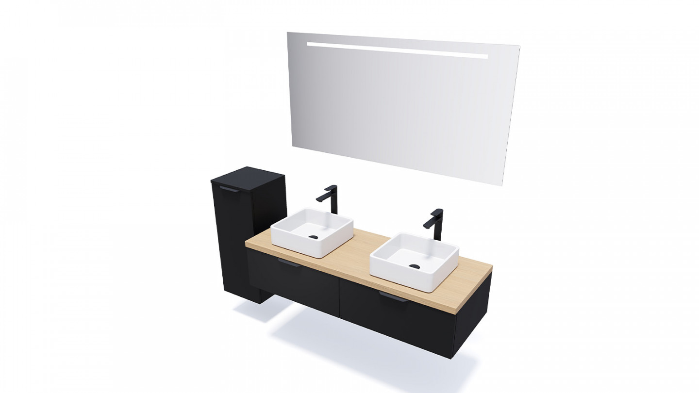Meuble de salle de bain suspendu 2 vasques à poser 140cm 2 tiroirs Noir - Loft
