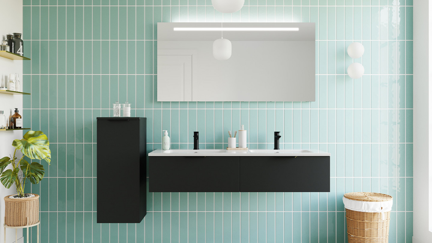 Meuble de salle de bain suspendu double vasque intégrée 140cm 2 tiroirs Noir - Loft