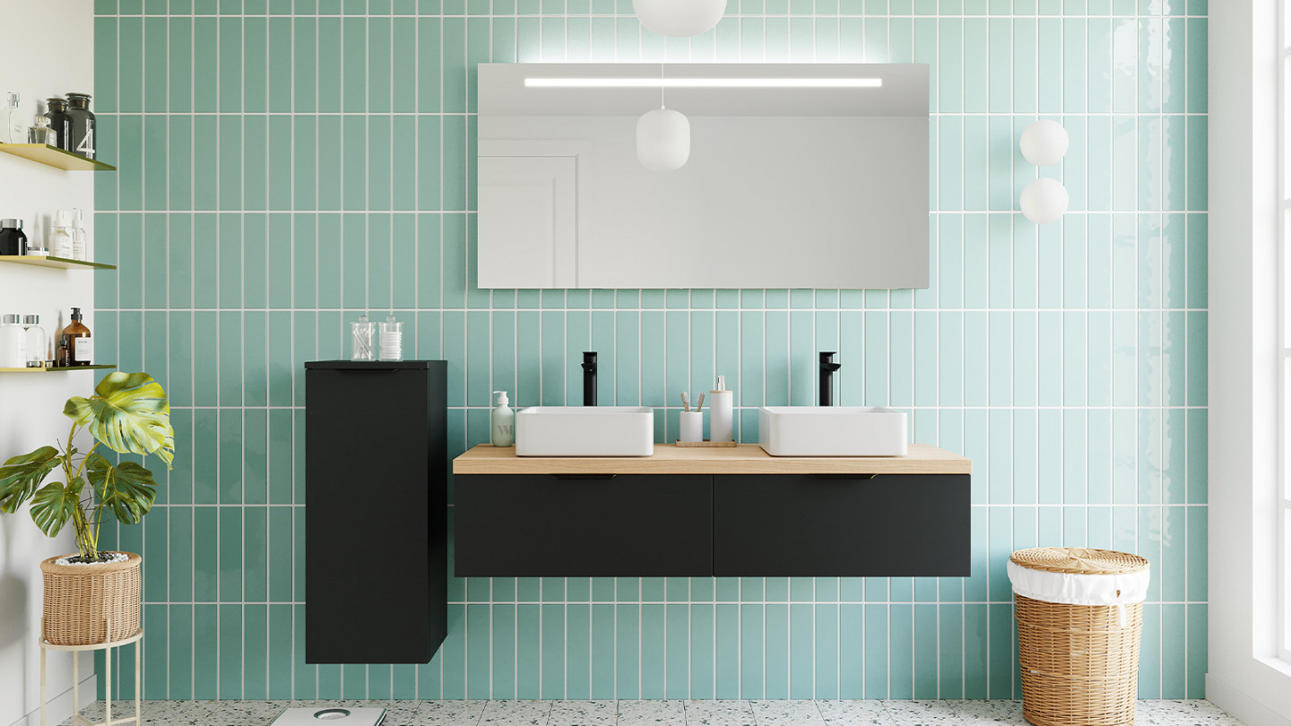 Meuble de salle de bain suspendu 2 vasques à poser 140cm 2 tiroirs Noir + miroir - Loft