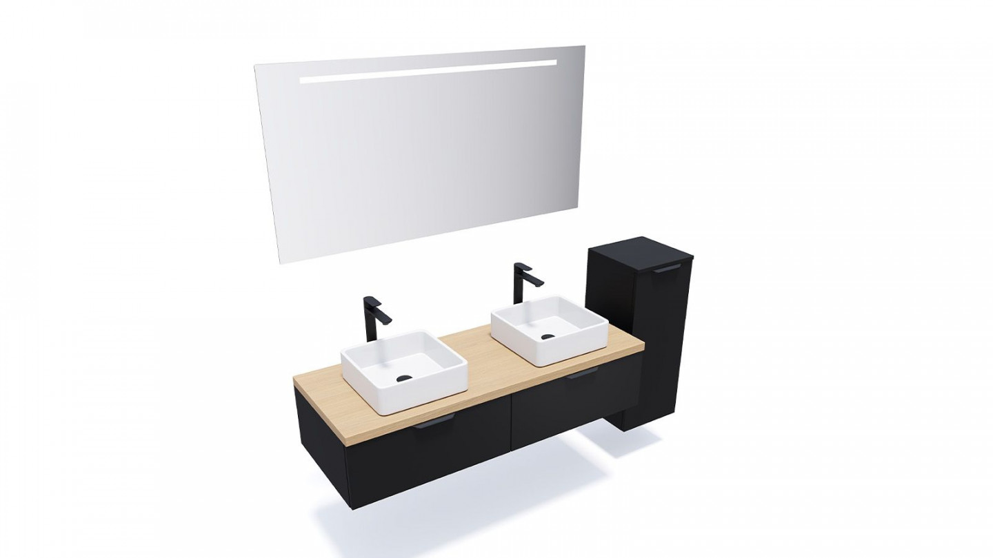 Meuble de salle de bain suspendu 2 vasques à poser 140cm 2 tiroirs Noir + miroir + colonne ouverture droite - Loft